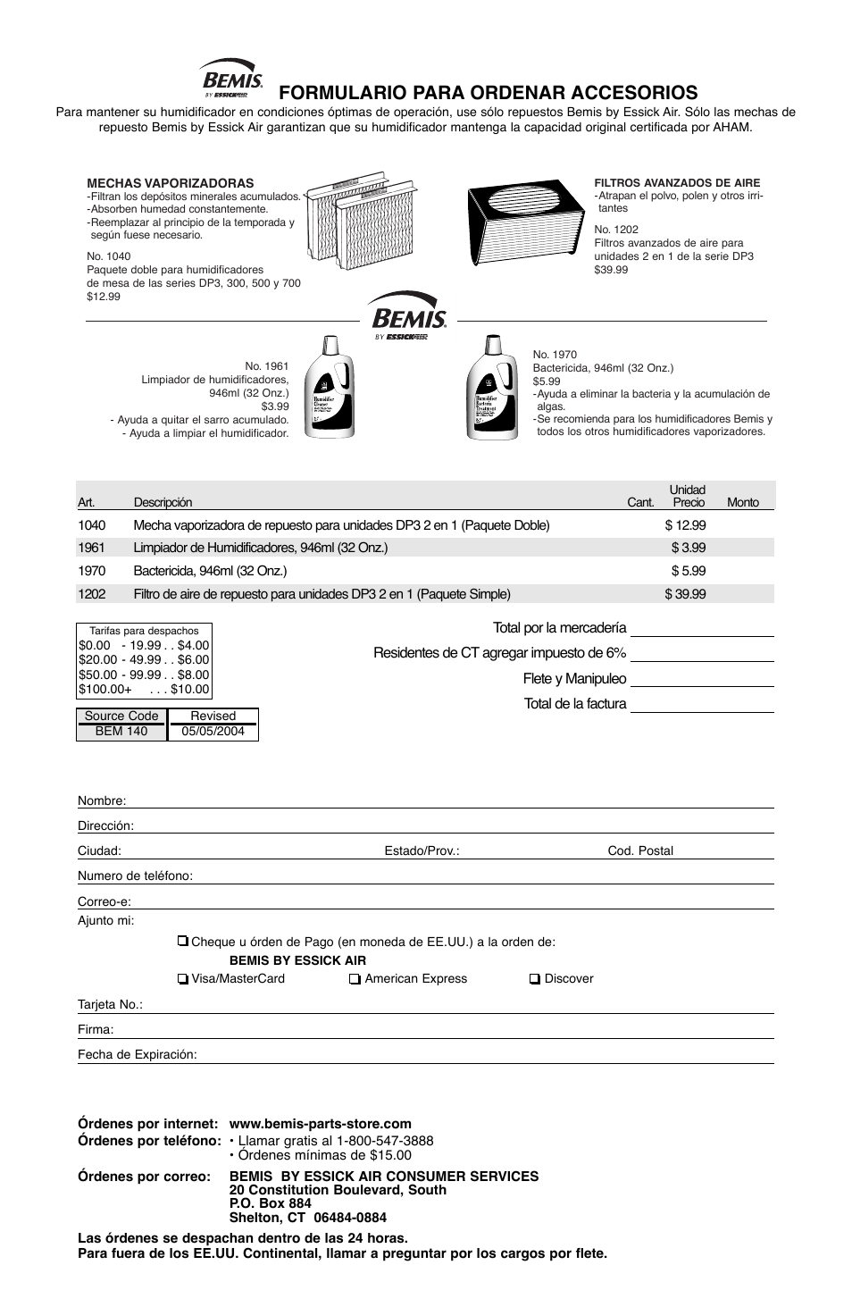 Formulario para ordenar accesorios | Essick Air DP3 200 User Manual | Page 34 / 52