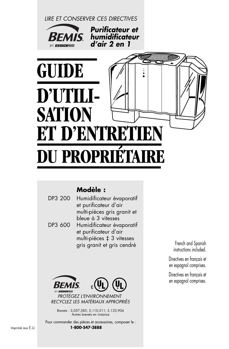 D’utili- sation et d’entretien, Guide, Du propriétaire | Essick Air DP3 200 User Manual | Page 35 / 52