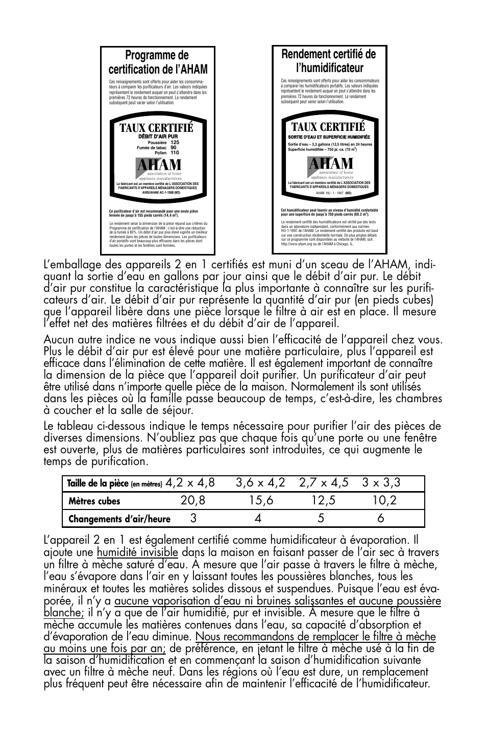 Rendement certifié de l’humidificateur, Taux certifié, Programme de certification de l’aham | Essick Air DP3 200 User Manual | Page 38 / 52