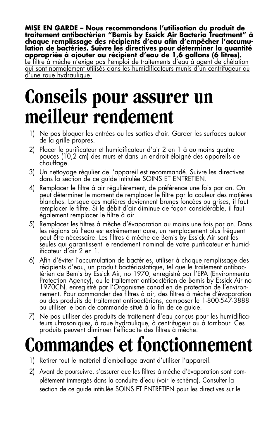 Conseils pour assurer un meilleur rendement, Commandes et fonctionnement | Essick Air DP3 200 User Manual | Page 39 / 52