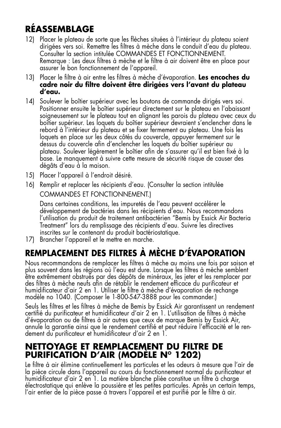 Réassemblage, Remplacement des filtres à mèche d’évaporation | Essick Air DP3 200 User Manual | Page 44 / 52