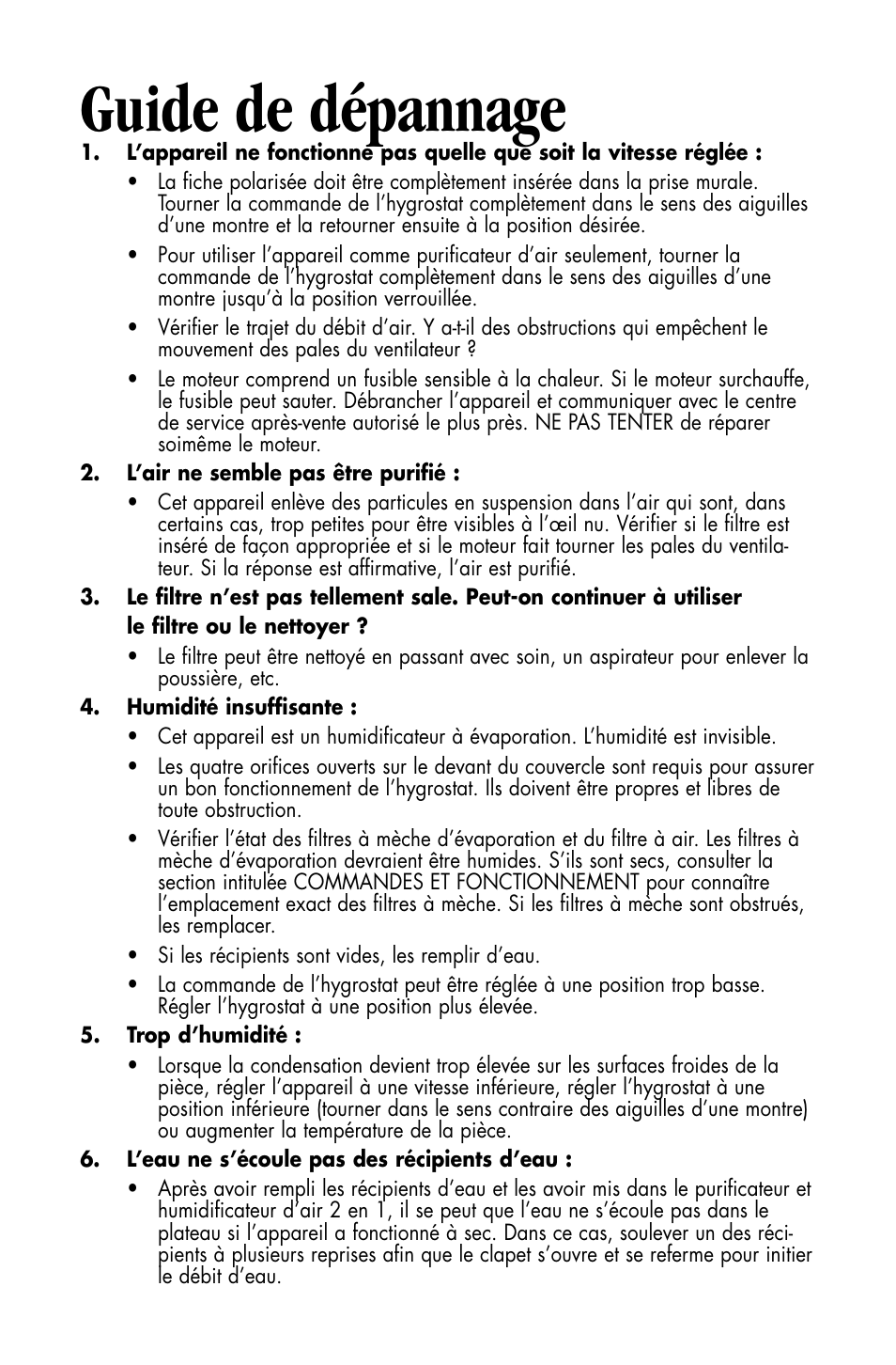 Guide de dépannage | Essick Air DP3 200 User Manual | Page 46 / 52