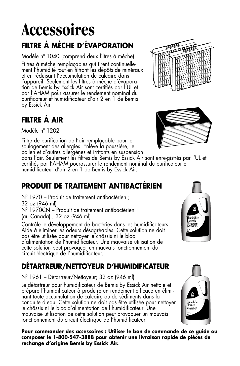 Accessoires, Filtre à mèche d’évaporation, Filtre à air | Produit de traitement antibactérien, Détartreur/nettoyeur d’humidificateur | Essick Air DP3 200 User Manual | Page 48 / 52