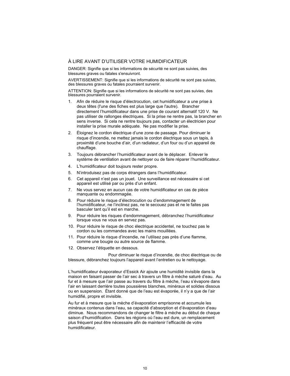 Instructions générales de sécurité | Essick Air ED11 910 User Manual | Page 10 / 24