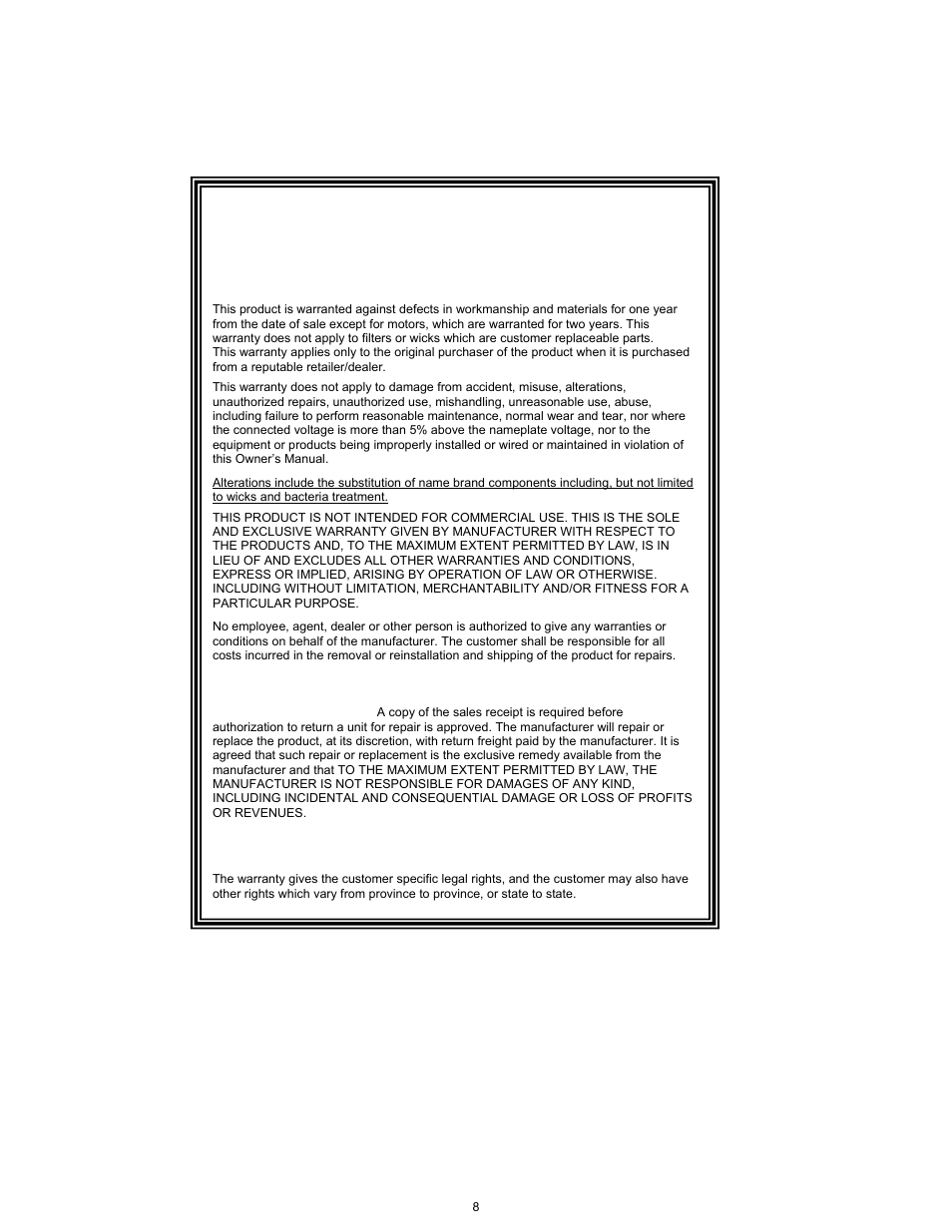 Essick air products humidifier warranty policy | Essick Air ED11 910 User Manual | Page 8 / 24