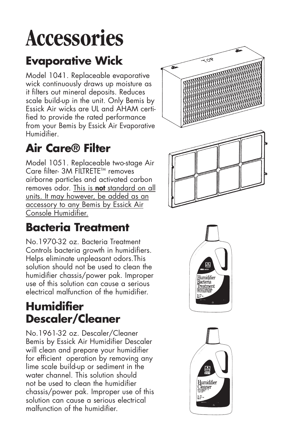 Accessories, Evaporative wick, Air care® filter | Bacteria treatment, Humidifier descaler/cleaner | Essick Air 696 100 User Manual | Page 10 / 45