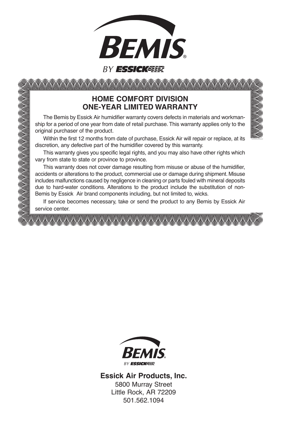 Home comfort division one-year limited warranty, Essick air products, inc | Essick Air 696 100 User Manual | Page 11 / 45
