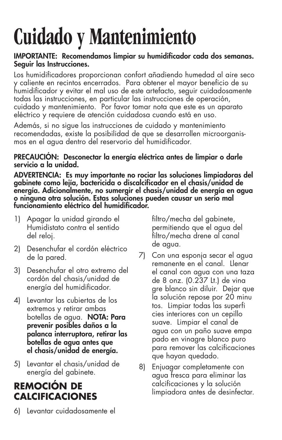 Cuidado y mantenimiento, Remoción de calcificaciones | Essick Air 696 100 User Manual | Page 21 / 45