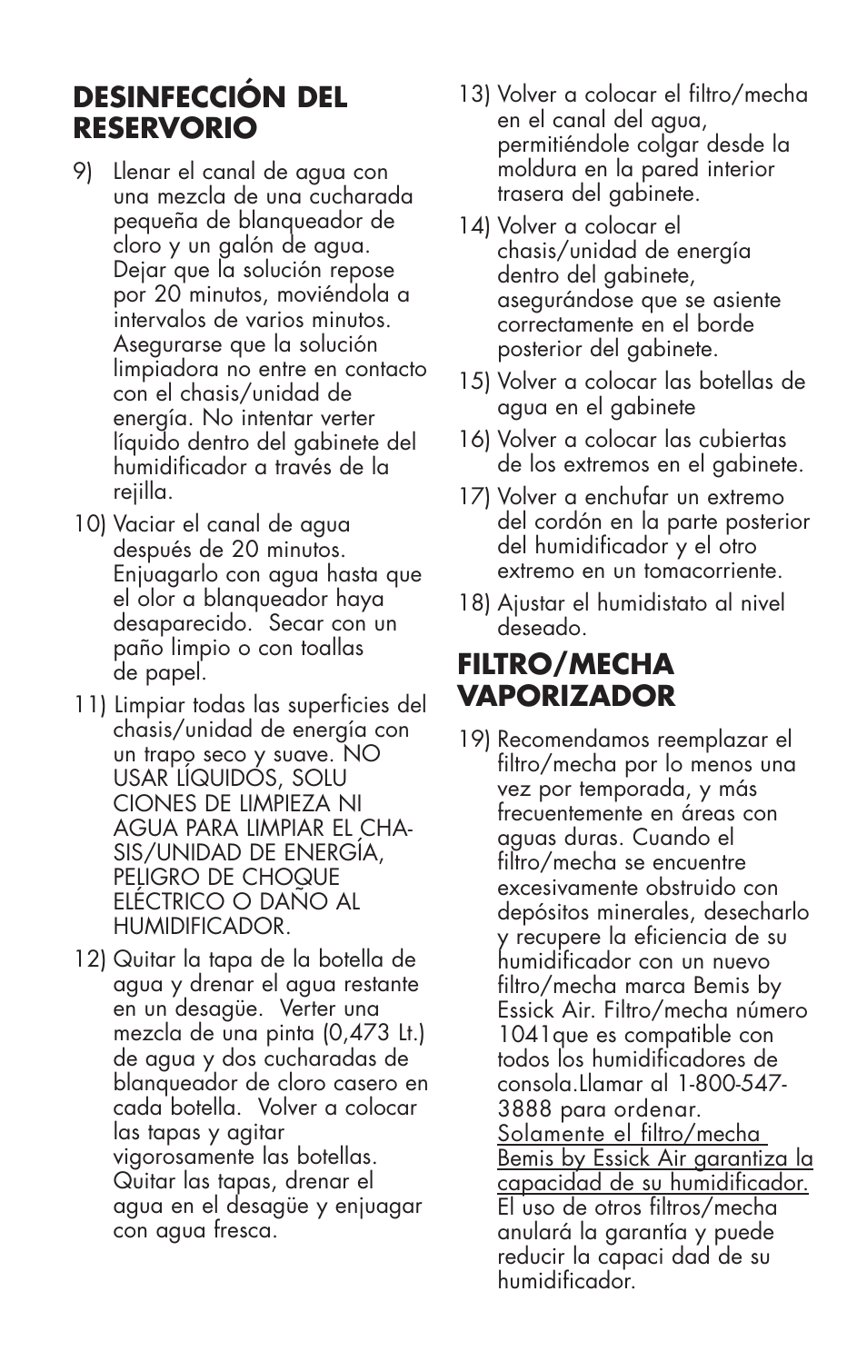 Desinfección del reservorio, Filtro/mecha vaporizador | Essick Air 696 100 User Manual | Page 22 / 45