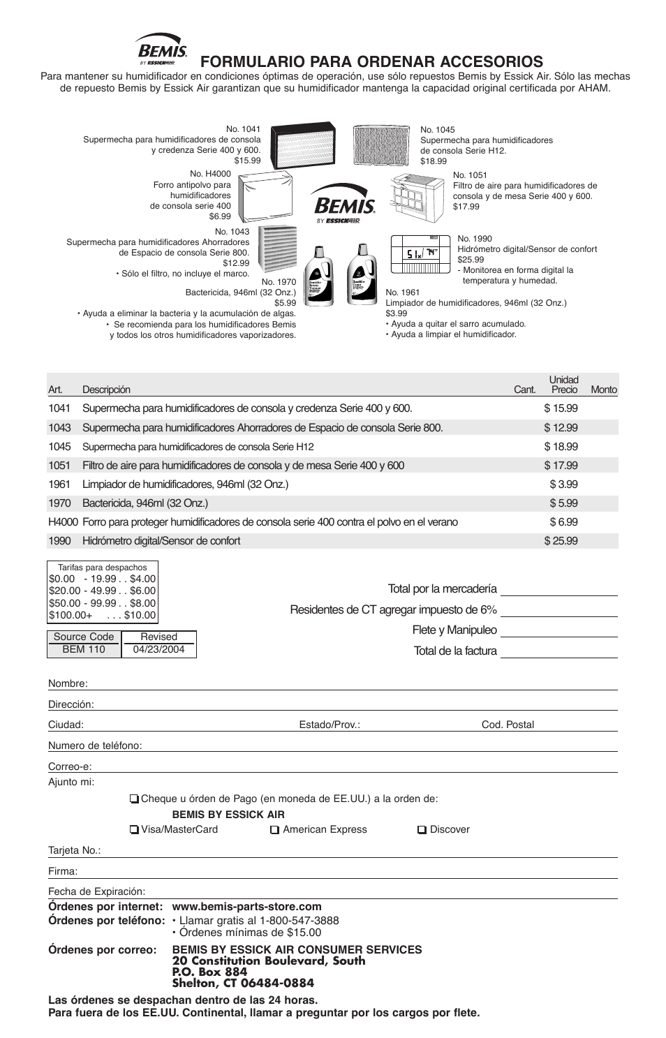 Formulario para ordenar accesorios | Essick Air 696 100 User Manual | Page 27 / 45