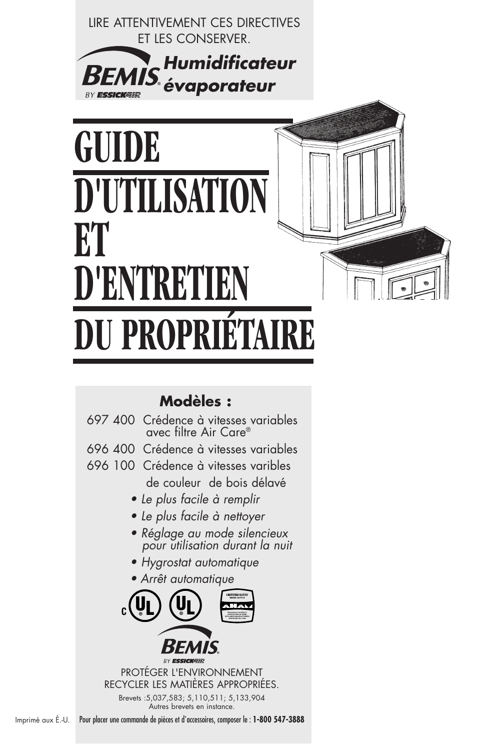 D'utilisation et d'entretien, Guide, Du propriétaire | Essick Air 696 100 User Manual | Page 29 / 45