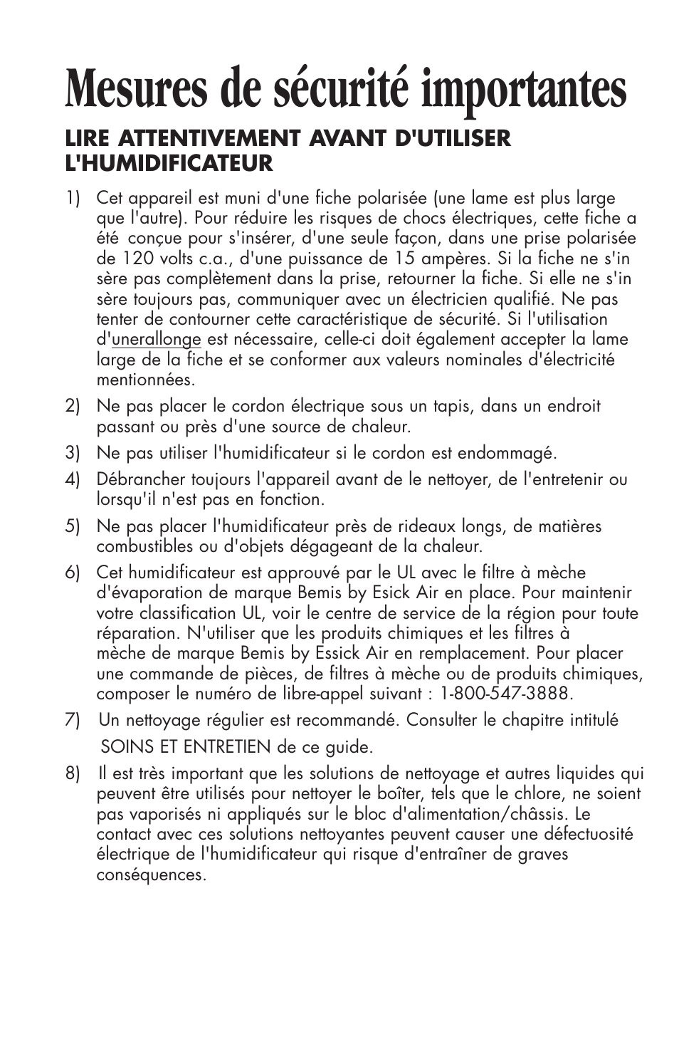 Mesures de sécurité importantes | Essick Air 696 100 User Manual | Page 30 / 45