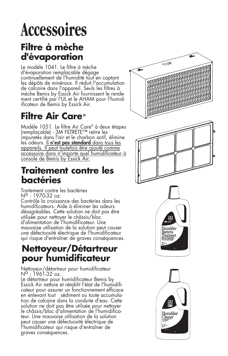 Accessoires, Filtre à mèche d'évaporation, Filtre air care | Traitement contre les bactéries, Nettoyeur/détartreur pour humidificateur | Essick Air 696 100 User Manual | Page 38 / 45