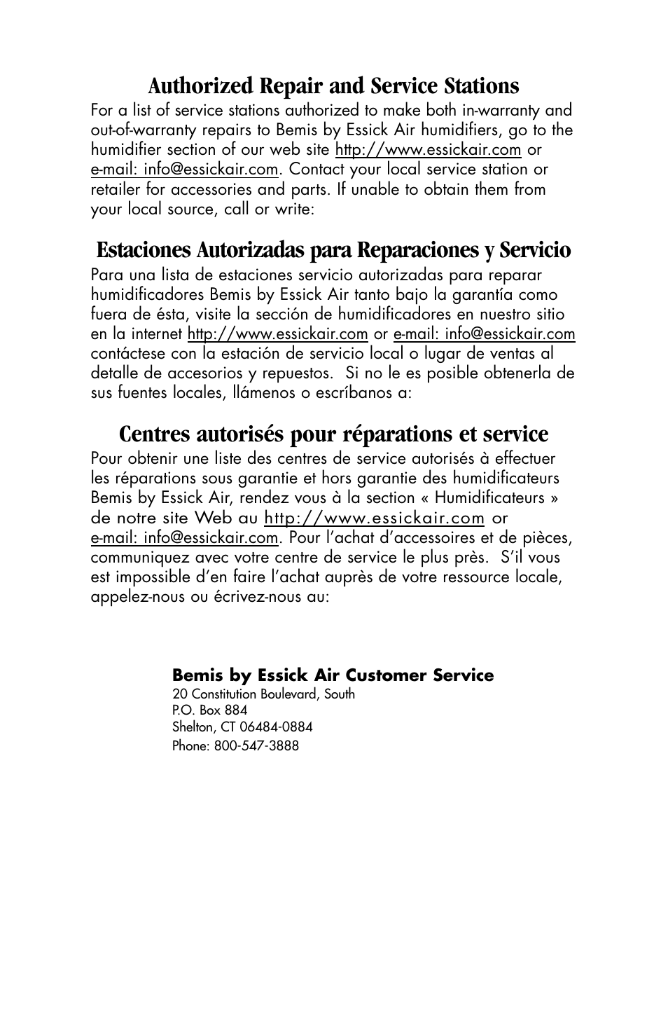 Authorized repair and service stations, Centres autorisés pour réparations et service | Essick Air 696 100 User Manual | Page 43 / 45