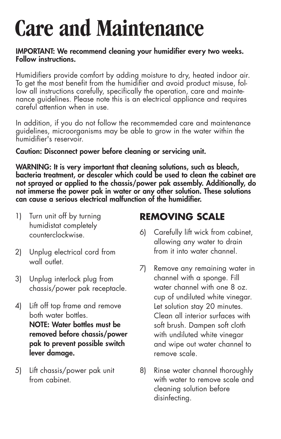 Care and maintenance, Removing scale | Essick Air 696 100 User Manual | Page 7 / 45