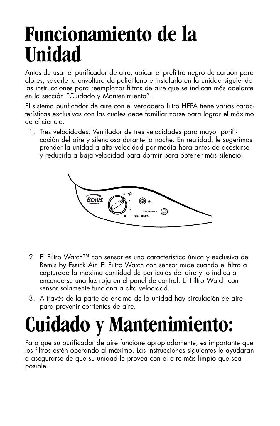 Funcionamiento de la unidad, Cuidado y mantenimiento | Essick Air FILTERWATCH 127-001 User Manual | Page 15 / 36