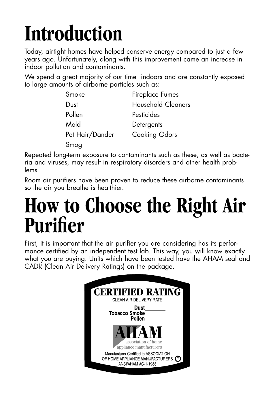 Introduction, How to choose the right air purifier | Essick Air FILTERWATCH 127-001 User Manual | Page 2 / 36