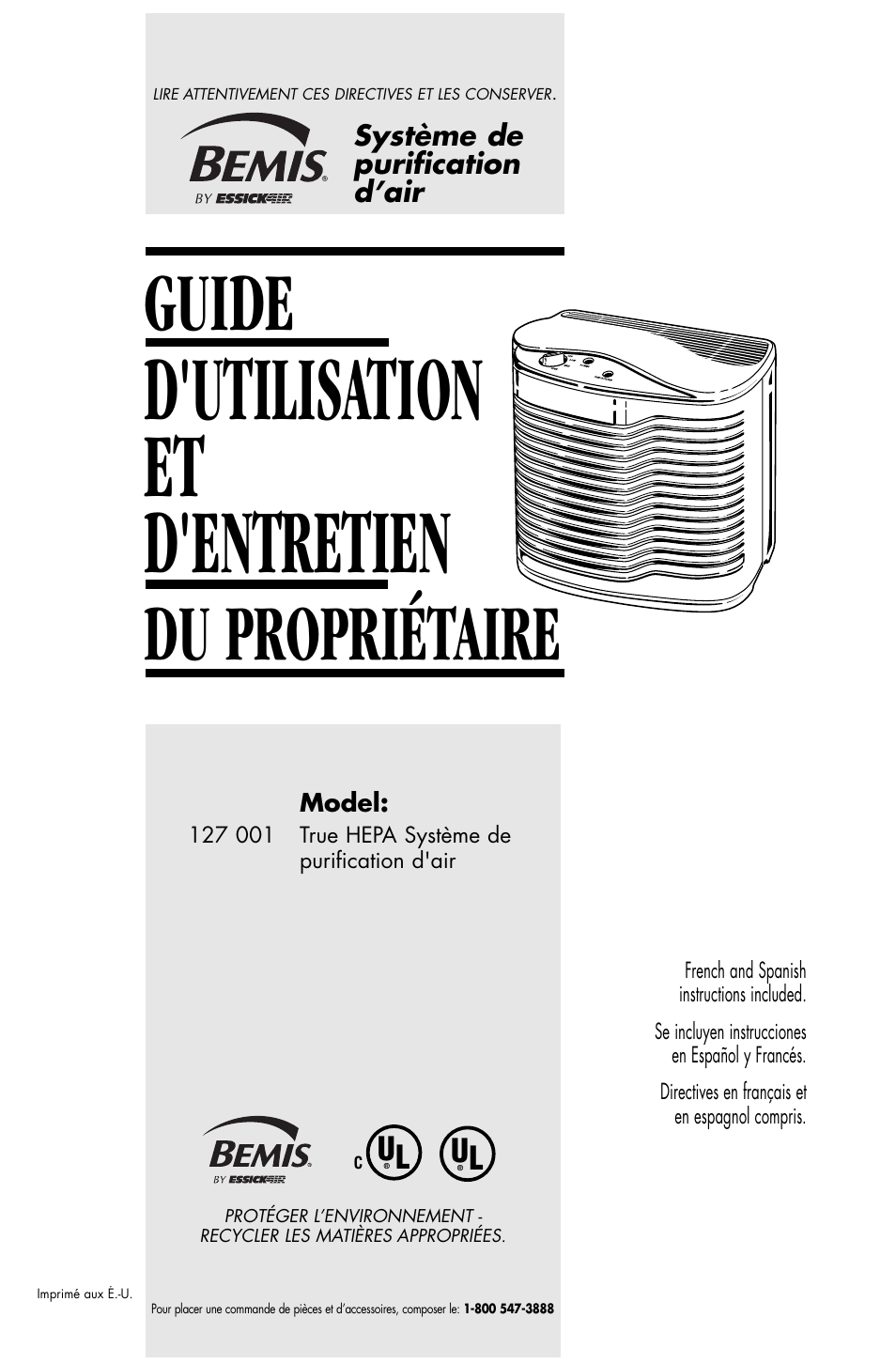 D'utilisation et d'entretien, Guide, Du propriétaire | Essick Air FILTERWATCH 127-001 User Manual | Page 23 / 36