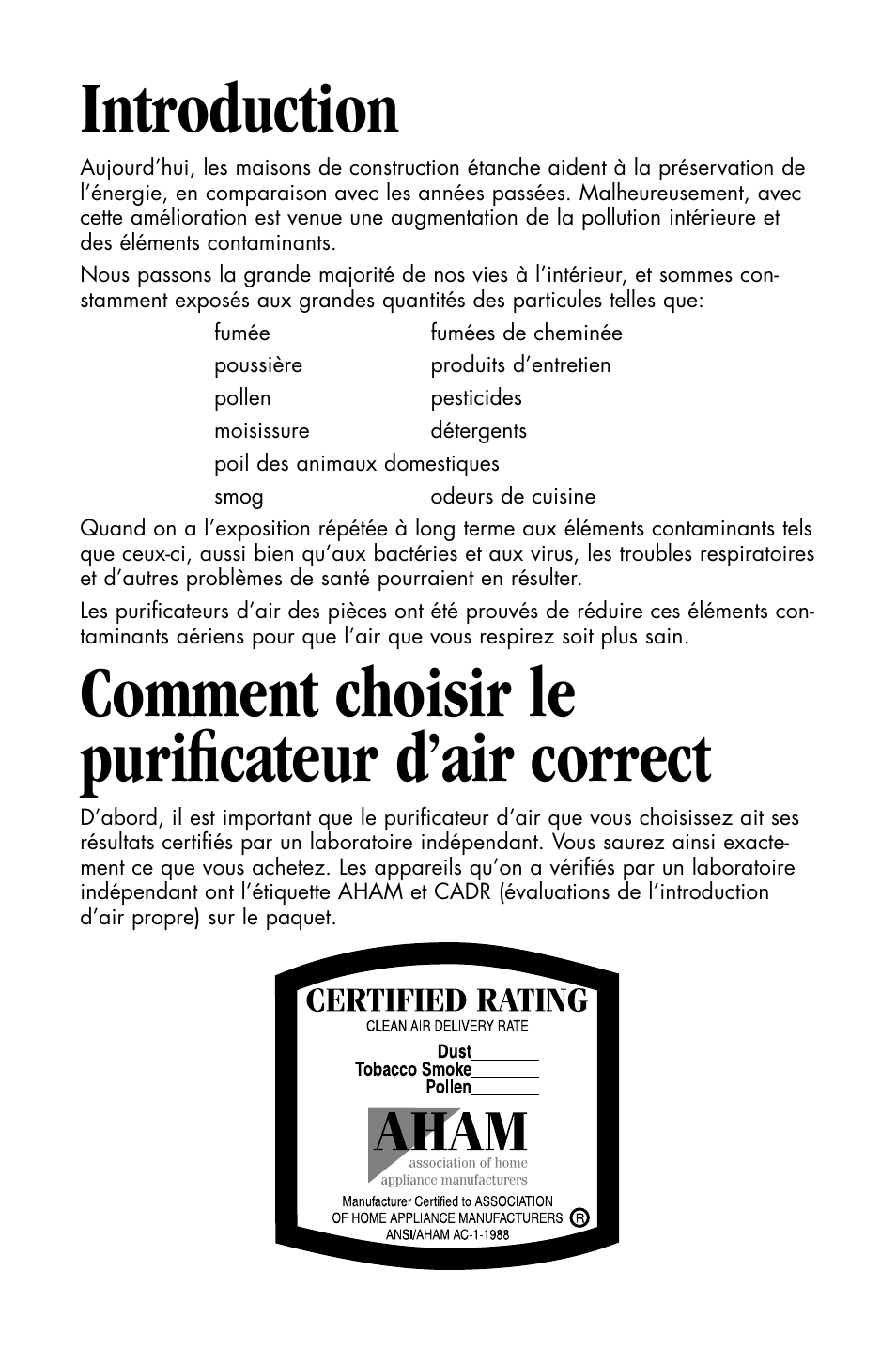 Introduction, Comment choisir le purificateur d’air correct | Essick Air FILTERWATCH 127-001 User Manual | Page 24 / 36