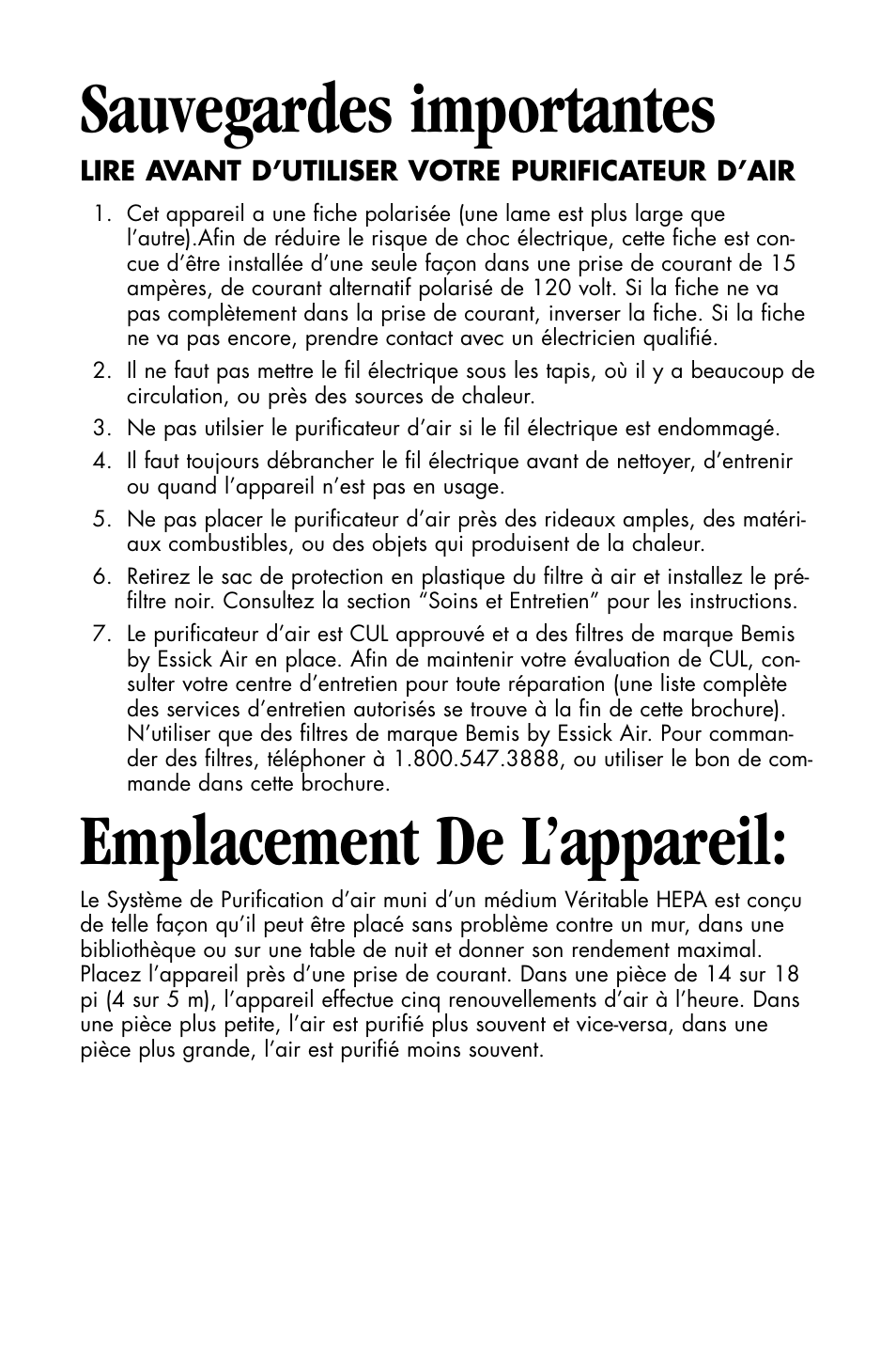Sauvegardes importantes, Emplacement de l’appareil | Essick Air FILTERWATCH 127-001 User Manual | Page 26 / 36