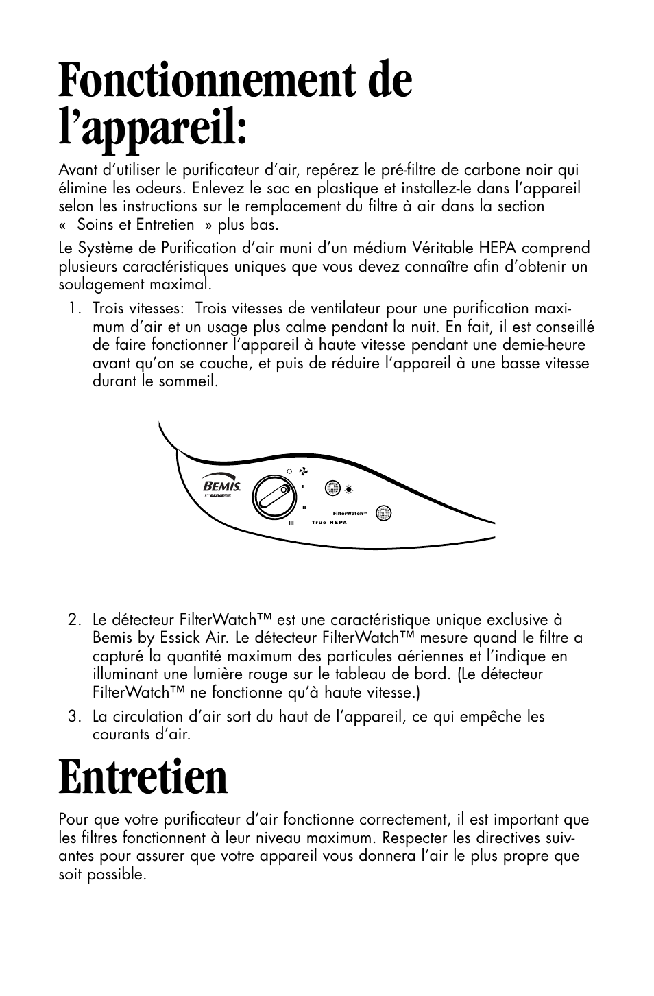 Fonctionnement de l’appareil, Entretien | Essick Air FILTERWATCH 127-001 User Manual | Page 27 / 36