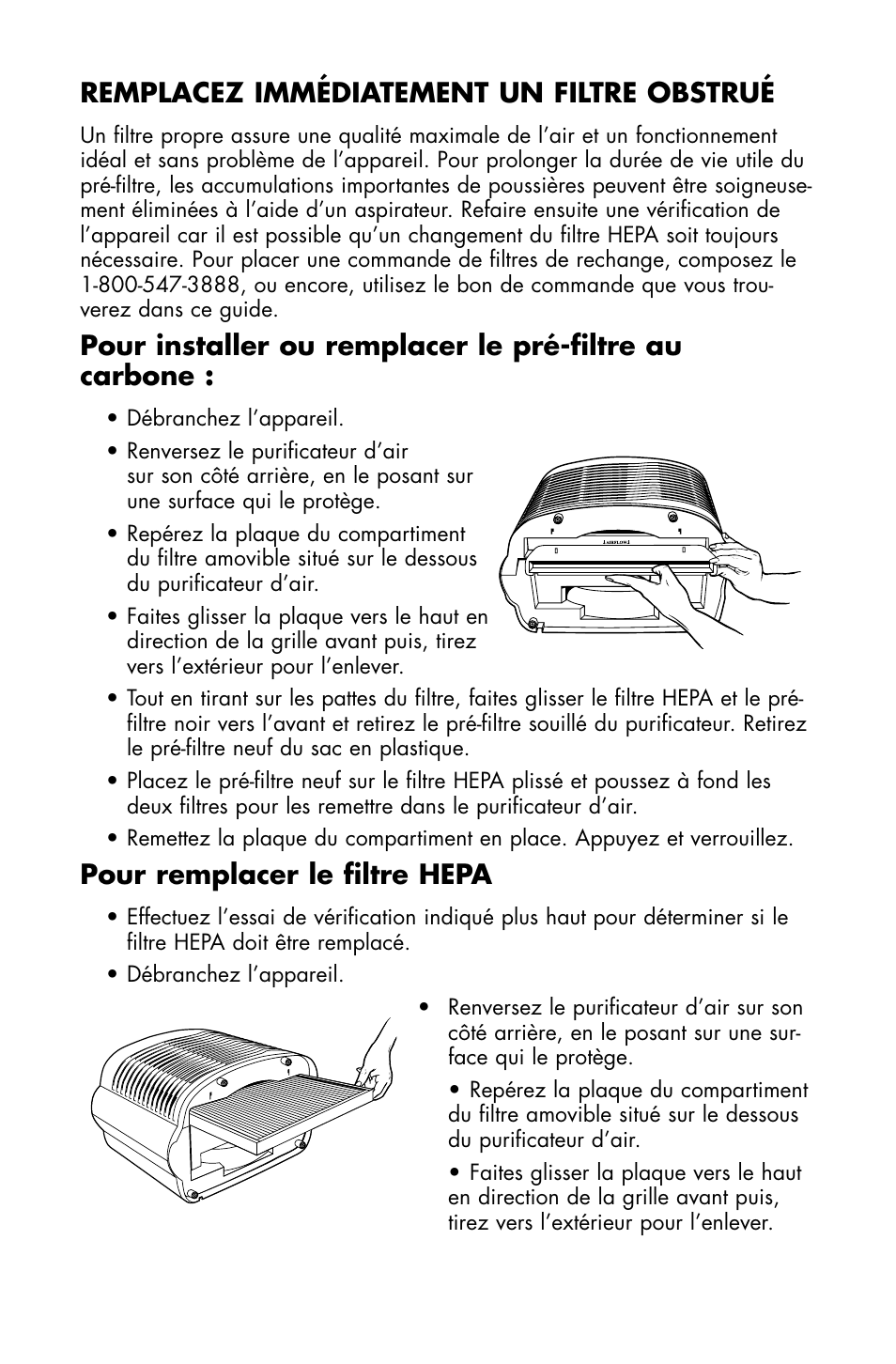 Remplacez immédiatement un filtre obstrué, Pour remplacer le filtre hepa | Essick Air FILTERWATCH 127-001 User Manual | Page 29 / 36