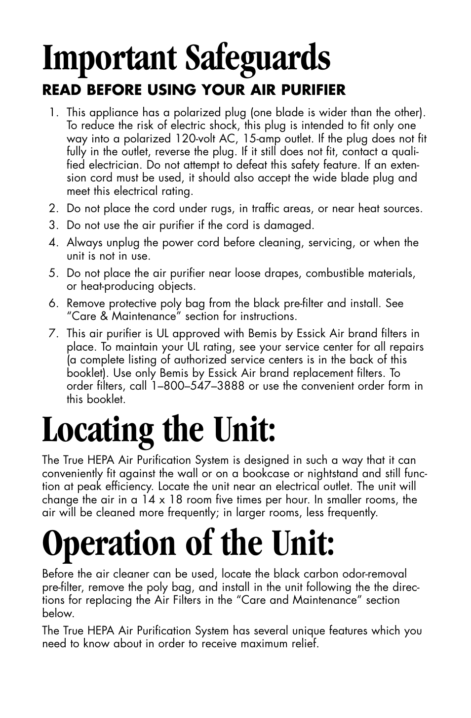 Important safeguards, Locating the unit, Operation of the unit | Essick Air FILTERWATCH 127-001 User Manual | Page 4 / 36