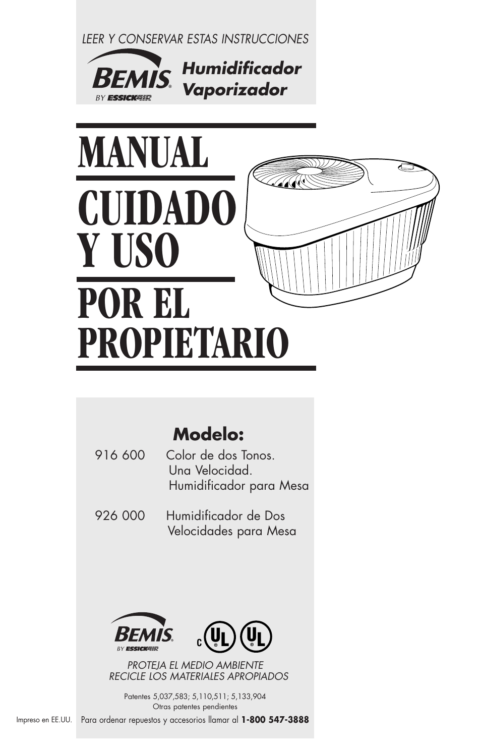Cuidado y uso, Manual, Por el propietario | Essick Air 916 600 User Manual | Page 10 / 32
