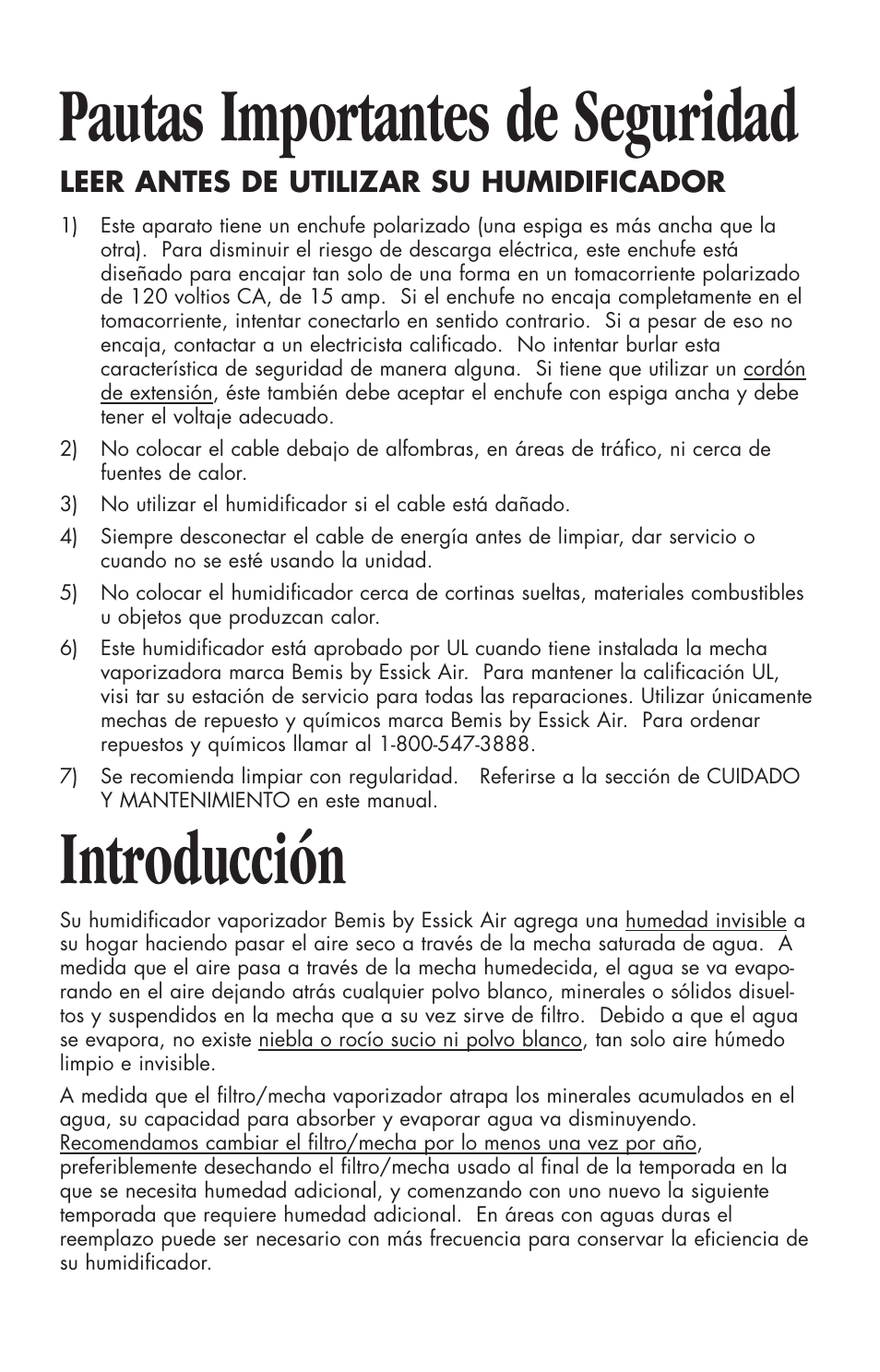Pautas importantes de seguridad, Introducción | Essick Air 916 600 User Manual | Page 11 / 32