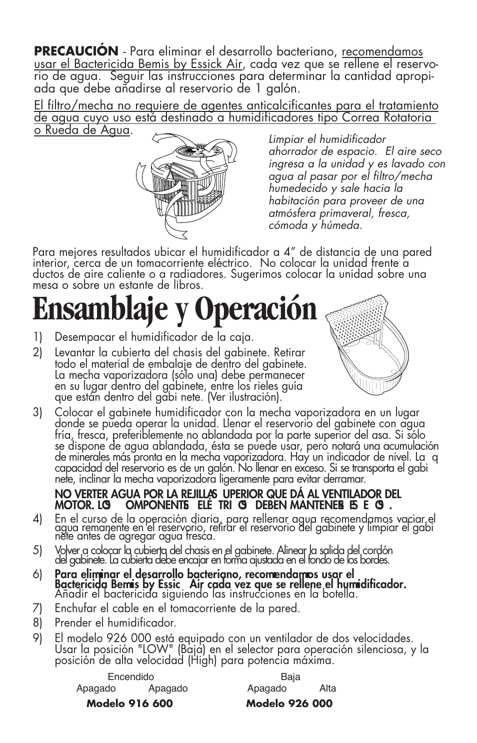 Ensamblaje y operación | Essick Air 916 600 User Manual | Page 12 / 32