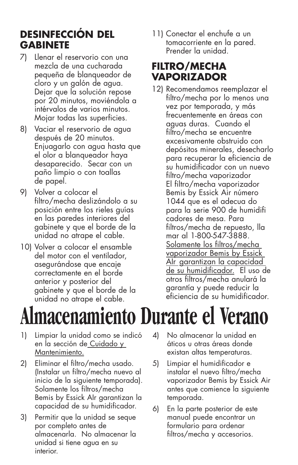 Almacenamiento durante el verano, Desinfección del gabinete, Filtro/mecha vaporizador | Essick Air 916 600 User Manual | Page 14 / 32