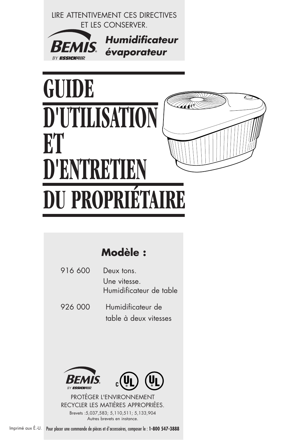 D'utilisation et d'entretien, Guide, Du propriétaire | Essick Air 916 600 User Manual | Page 19 / 32