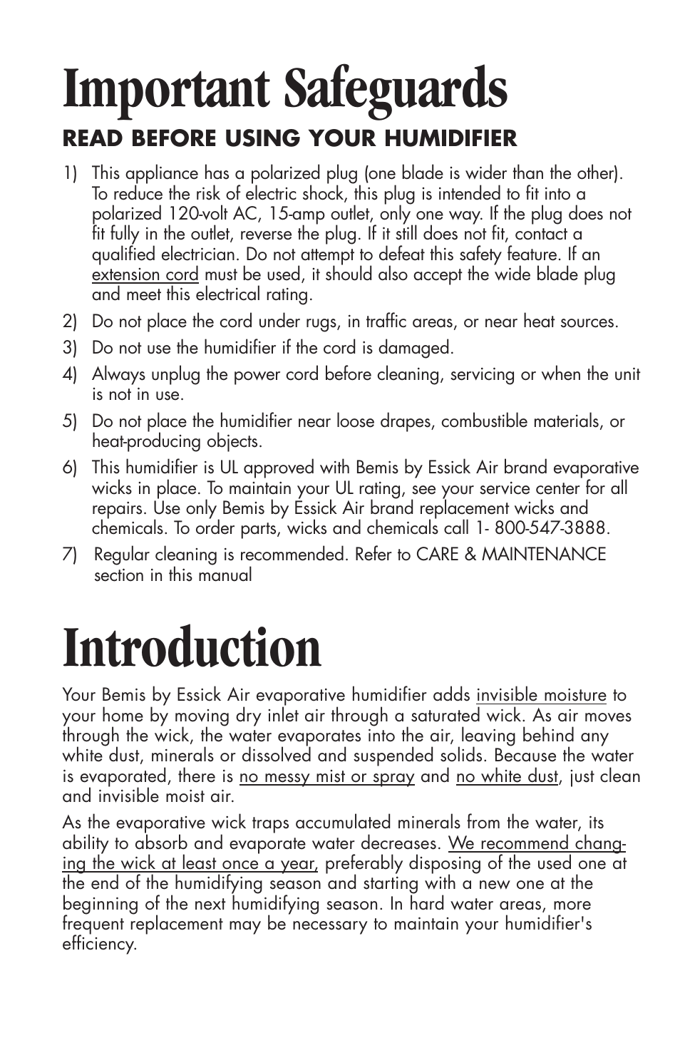Important safeguards, Introduction | Essick Air 916 600 User Manual | Page 2 / 32