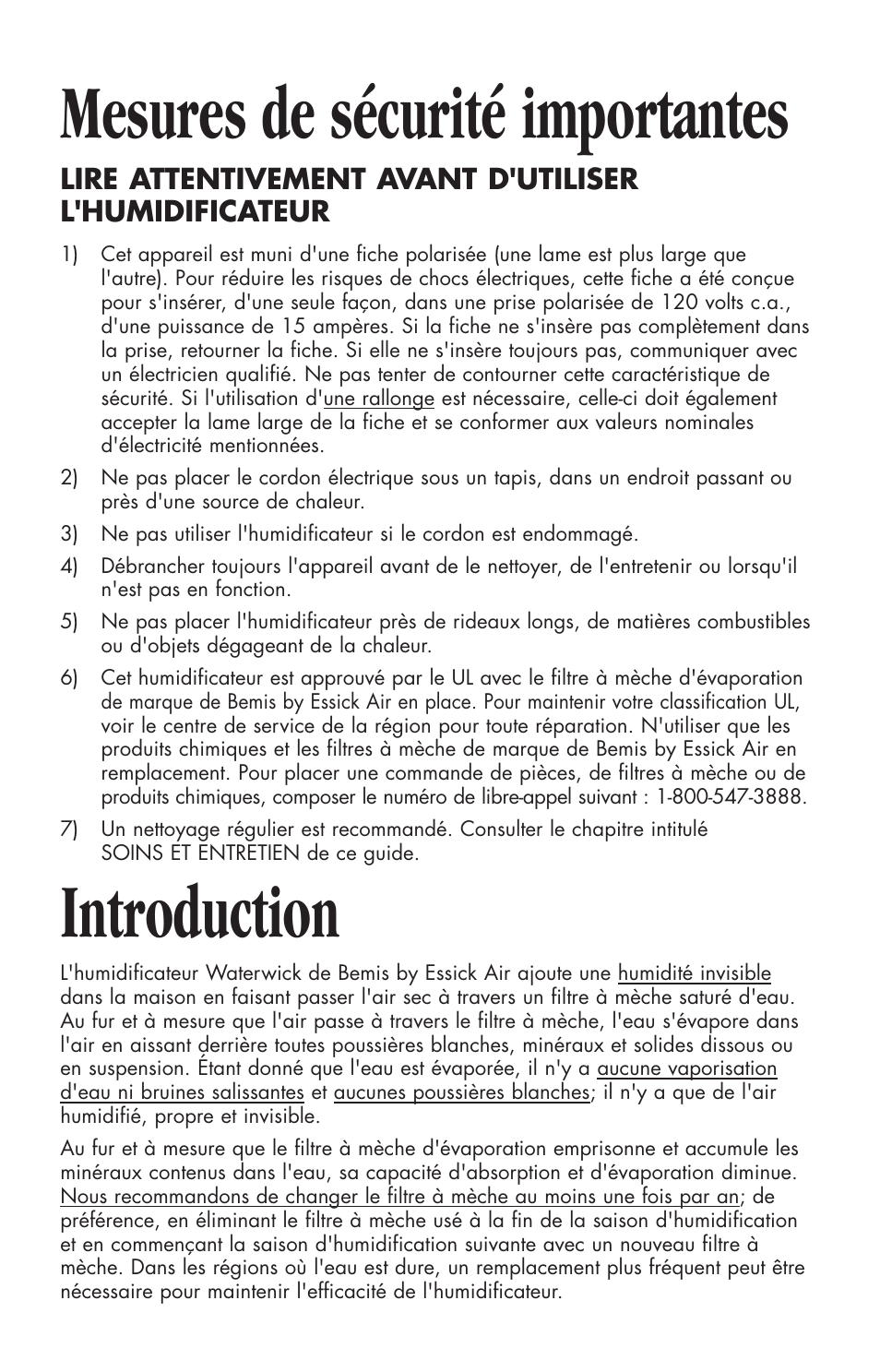 Mesures de sécurité importantes, Introduction | Essick Air 916 600 User Manual | Page 20 / 32