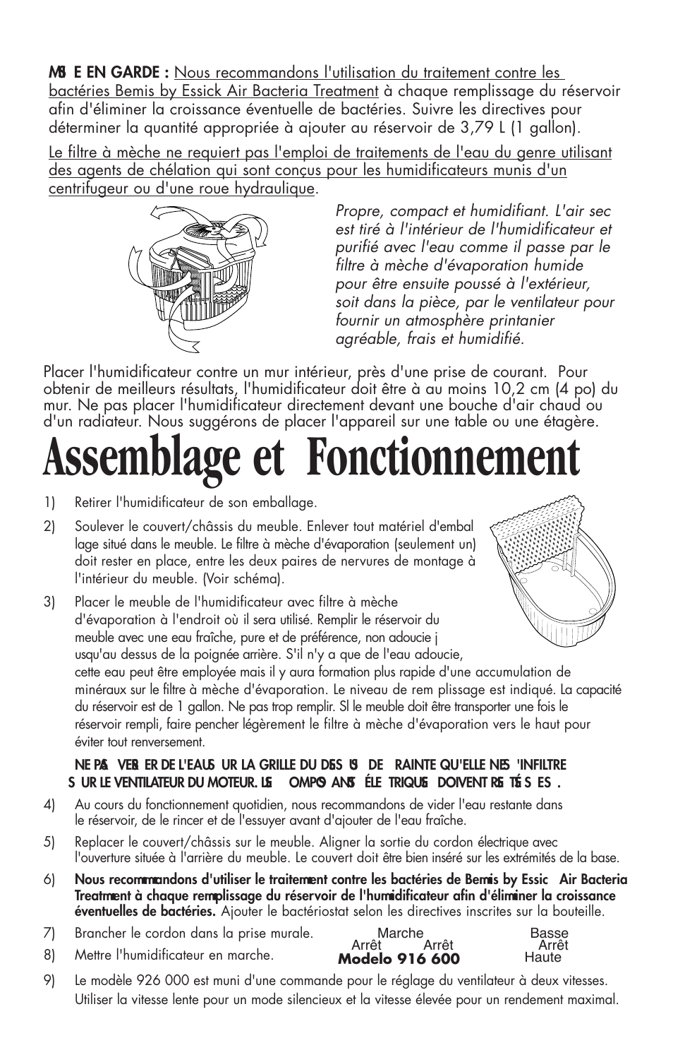 Assemblage et fonctionnement | Essick Air 916 600 User Manual | Page 21 / 32