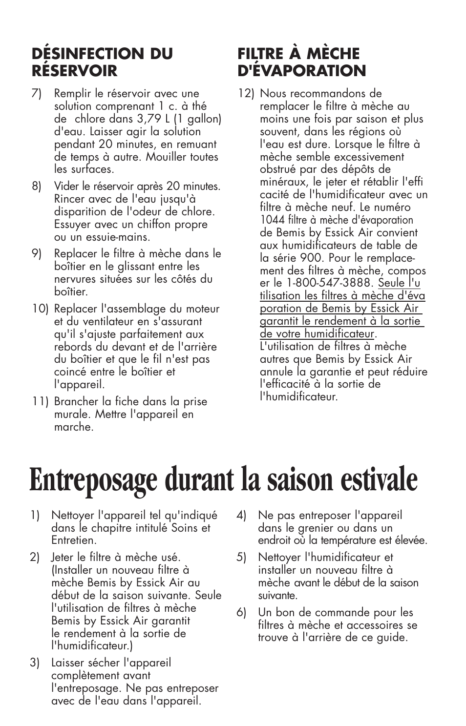 Entreposage durant la saison estivale, Désinfection du réservoir, Filtre à mèche d'évaporation | Essick Air 916 600 User Manual | Page 23 / 32