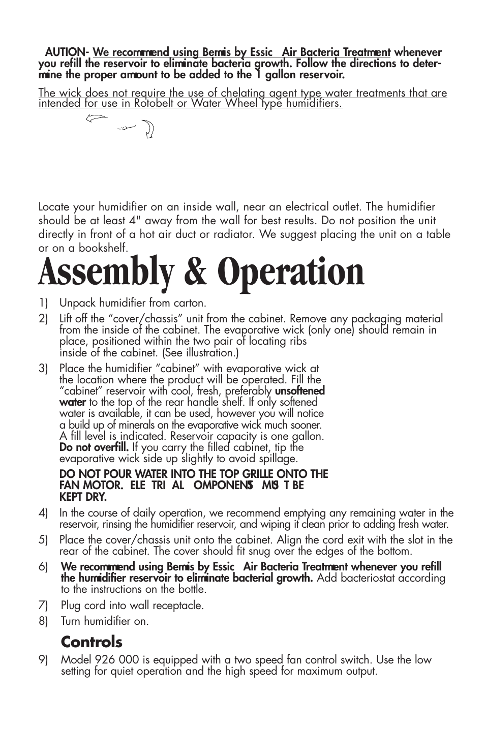 Assembly & operation, Controls | Essick Air 916 600 User Manual | Page 3 / 32