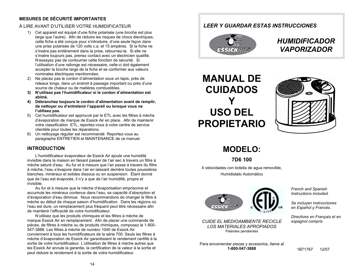 Manual de cuidados y uso del propietario, Modelo, Humidificador vaporizador | Essick Air 7D6 100 User Manual | Page 7 / 10