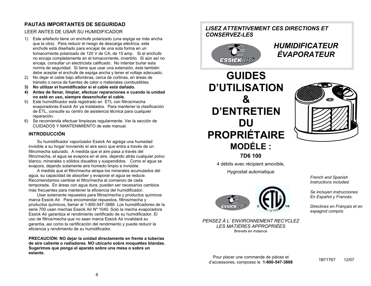 Guides d’utilisation & d’entretien du propriétaire, Modéle, Humidificateur évaporateur | Essick Air 7D6 100 User Manual | Page 8 / 10