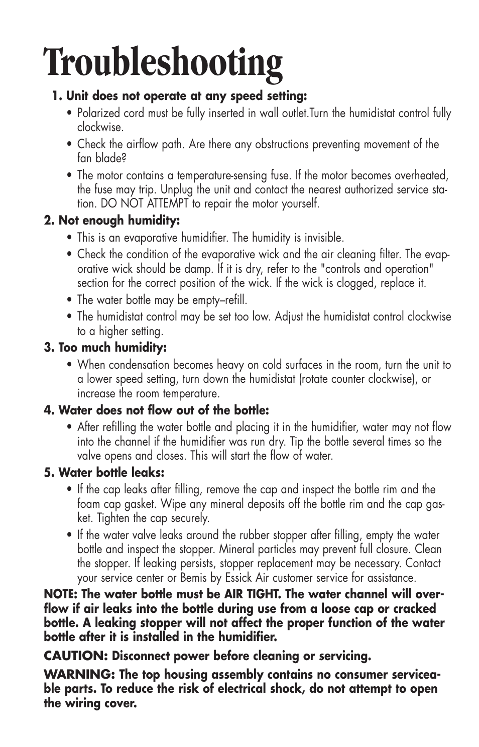 Troubleshooting | Essick Air 726 000 2-speed User Manual | Page 10 / 44