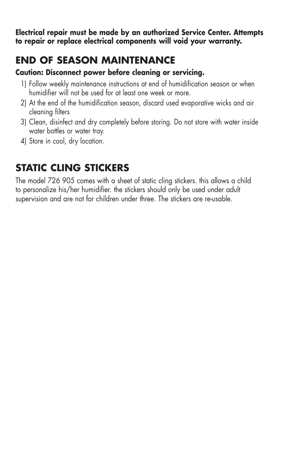 End of season maintenance, Static cling stickers | Essick Air 726 000 2-speed User Manual | Page 11 / 44