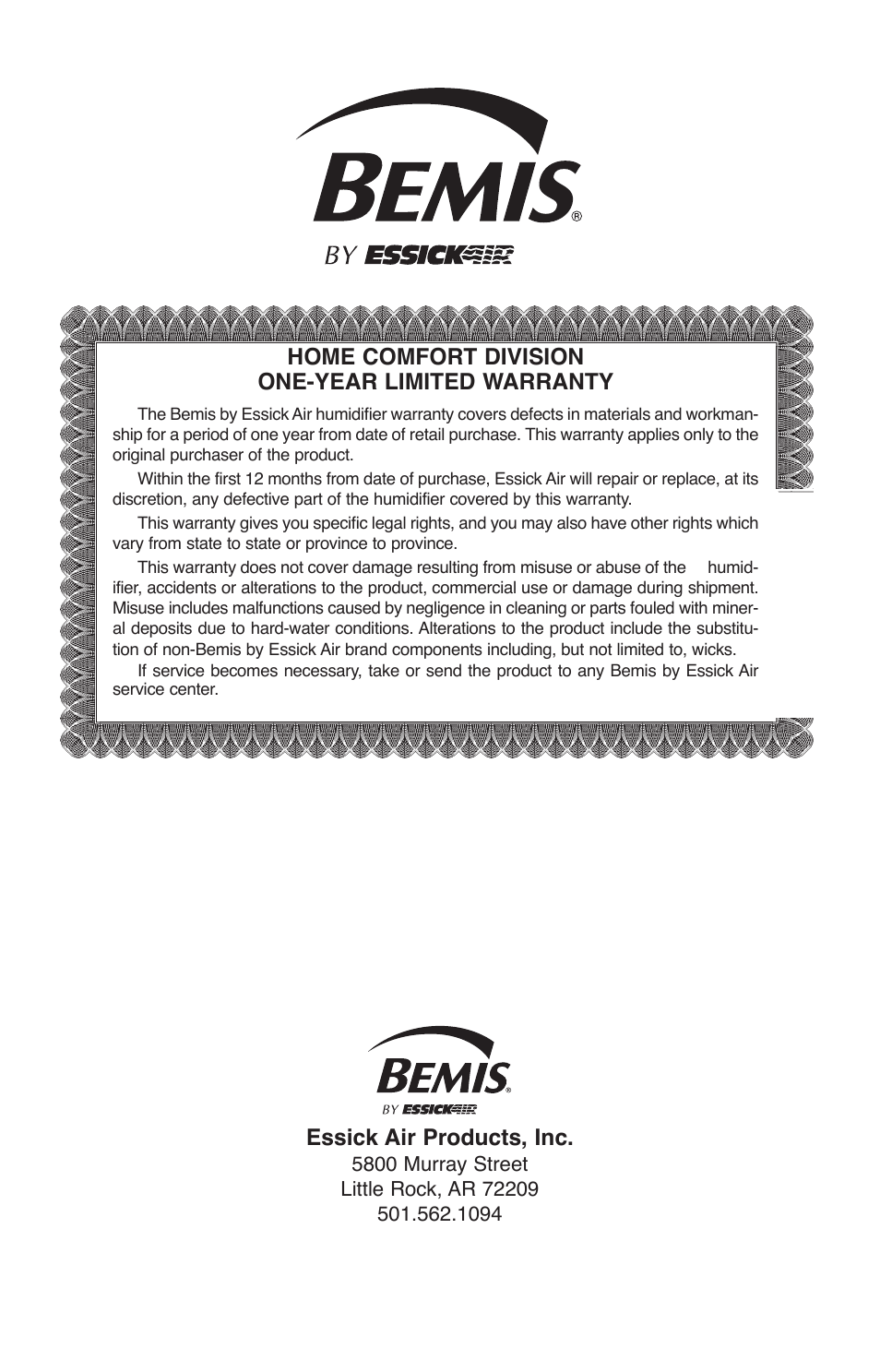 Home comfort division one-year limited warranty, Essick air products, inc | Essick Air 726 000 2-speed User Manual | Page 12 / 44