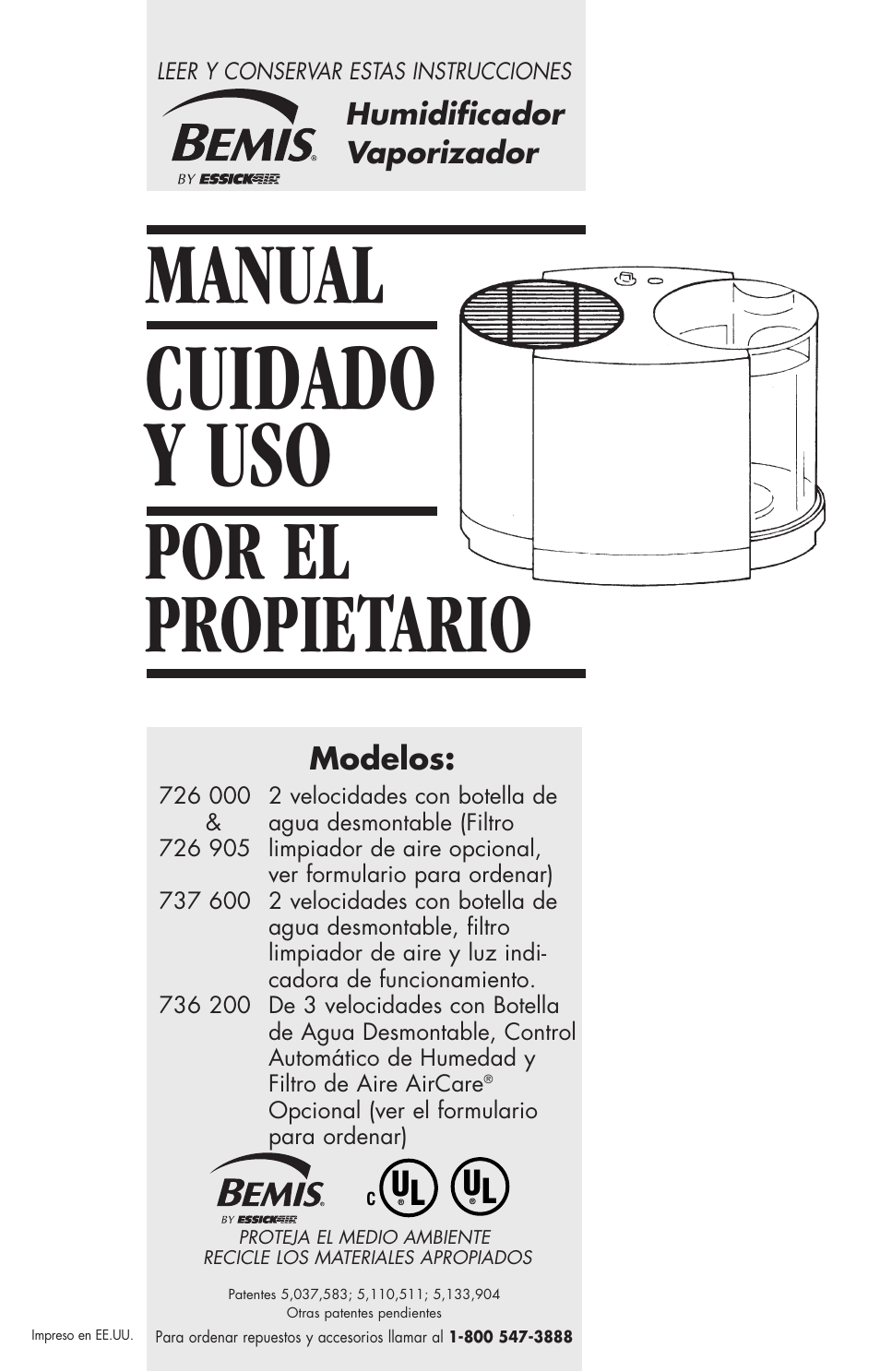 Cuidado y uso, Manual, Por el propietario | Essick Air 726 000 2-speed User Manual | Page 15 / 44