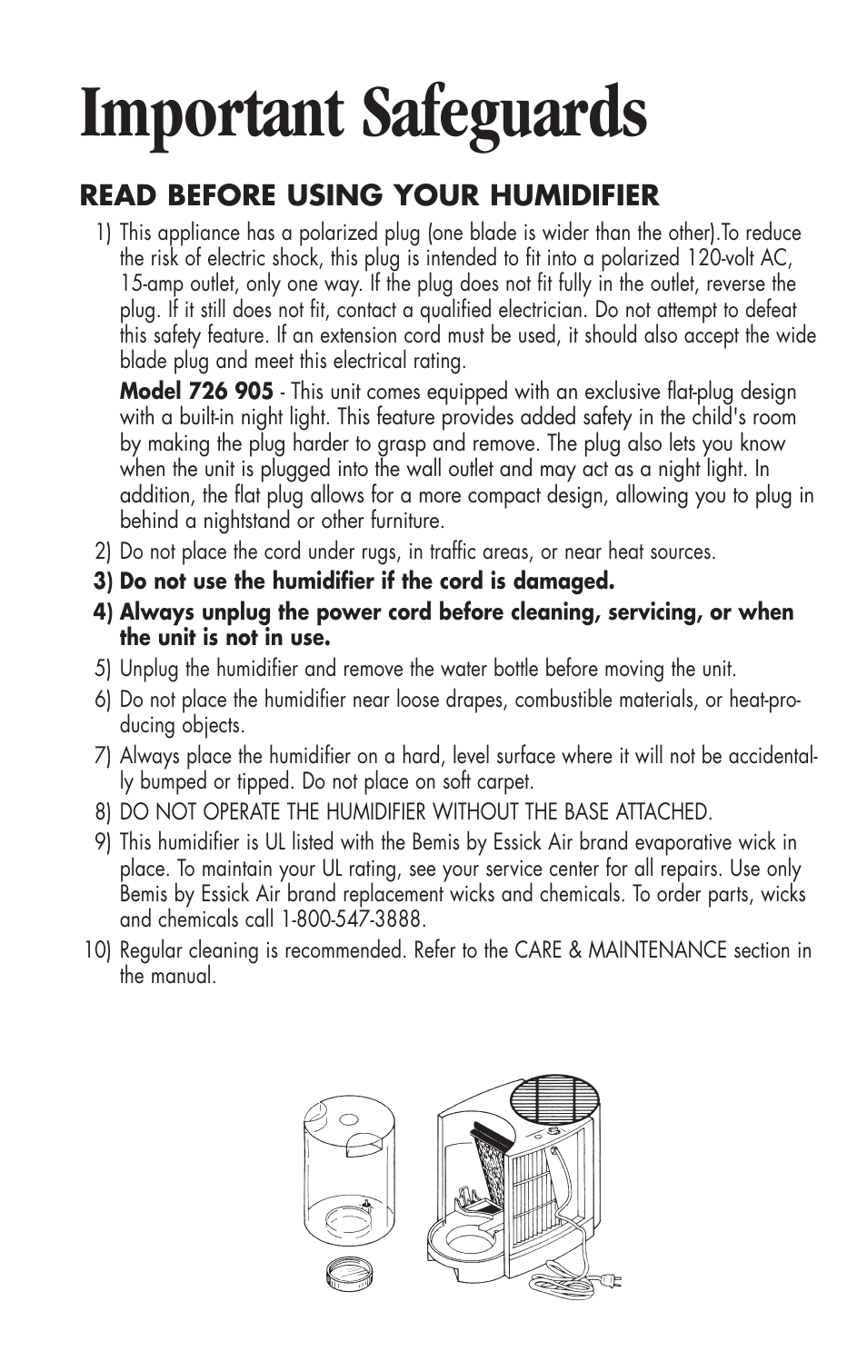 Important safeguards | Essick Air 726 000 2-speed User Manual | Page 2 / 44