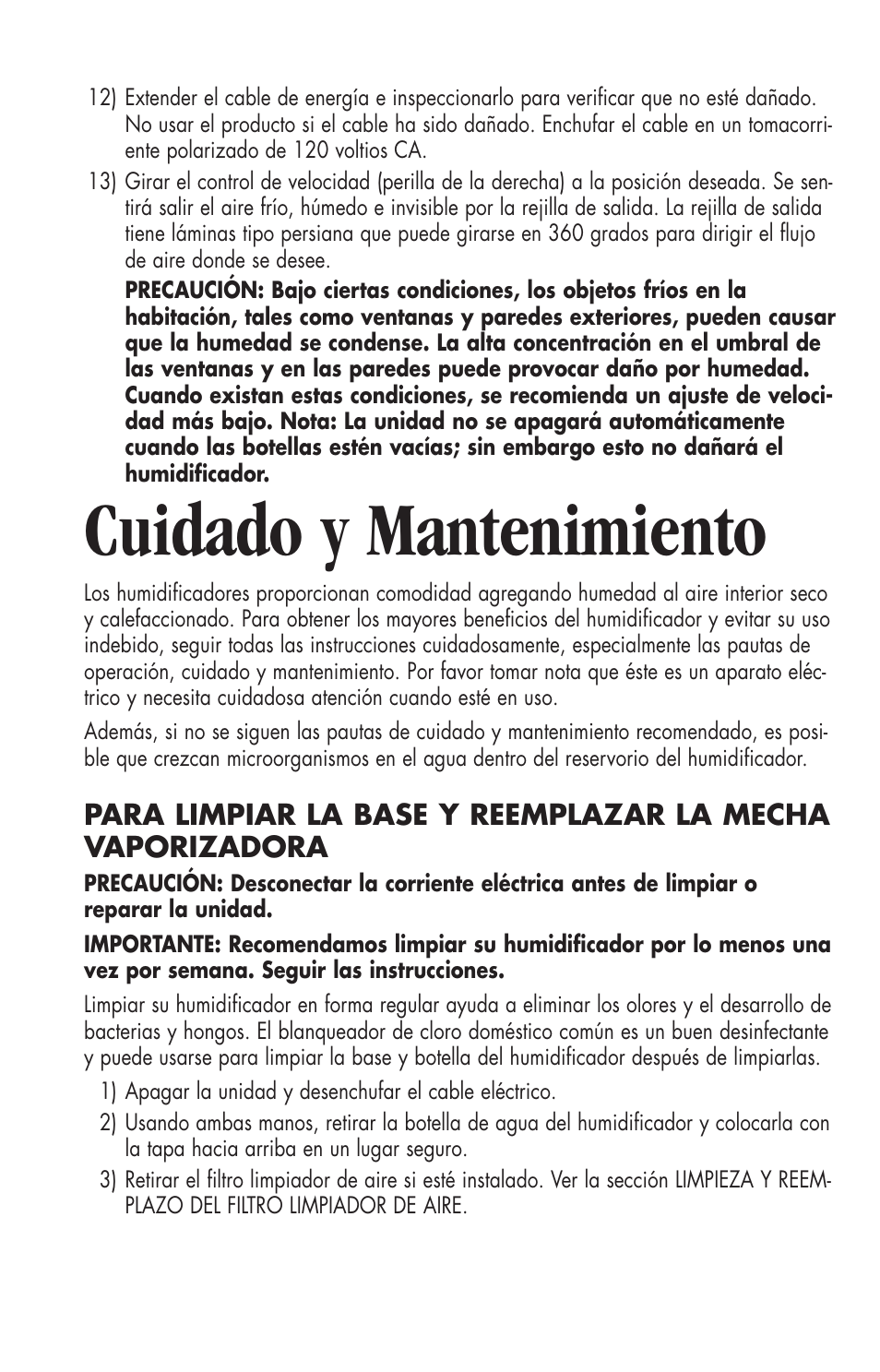 Cuidado y mantenimiento | Essick Air 726 000 2-speed User Manual | Page 20 / 44