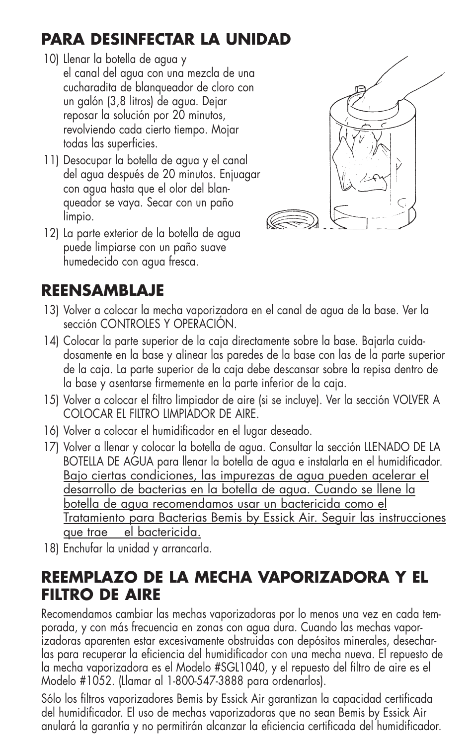 Para desinfectar la unidad, Reensamblaje | Essick Air 726 000 2-speed User Manual | Page 22 / 44