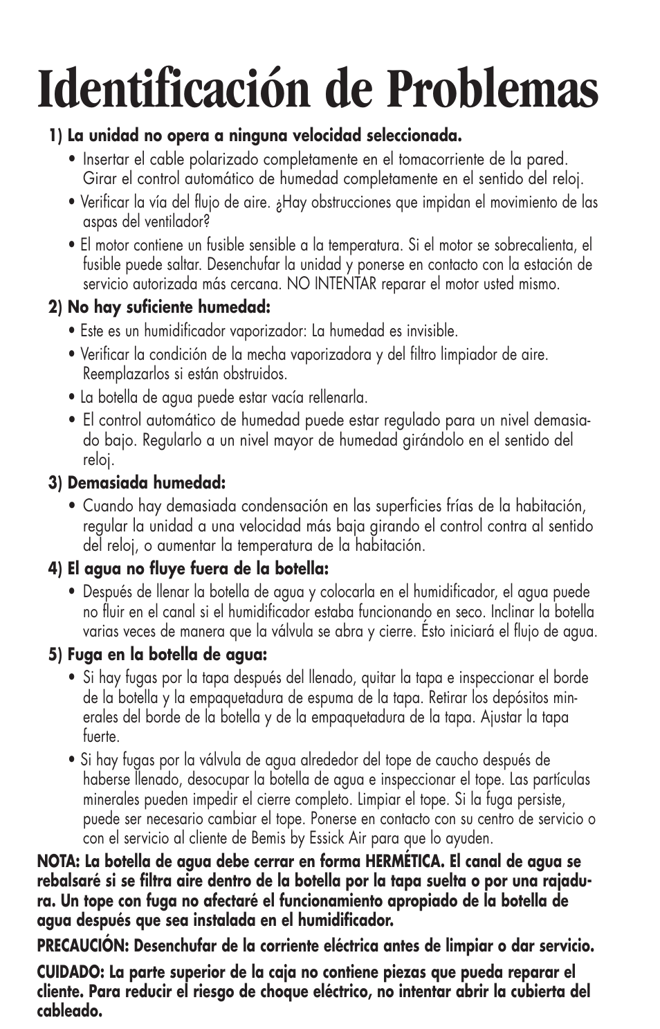 Identificación de problemas | Essick Air 726 000 2-speed User Manual | Page 24 / 44