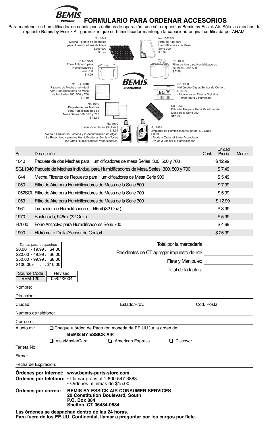 Formulario para ordenar accesorios | Essick Air 726 000 2-speed User Manual | Page 27 / 44