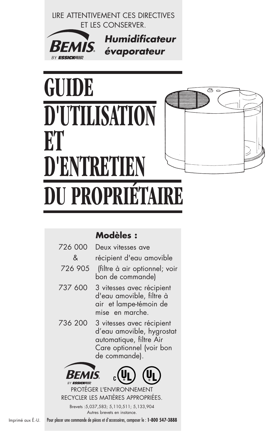 D'utilisation et d'entretien, Guide, Du propriétaire | Essick Air 726 000 2-speed User Manual | Page 29 / 44
