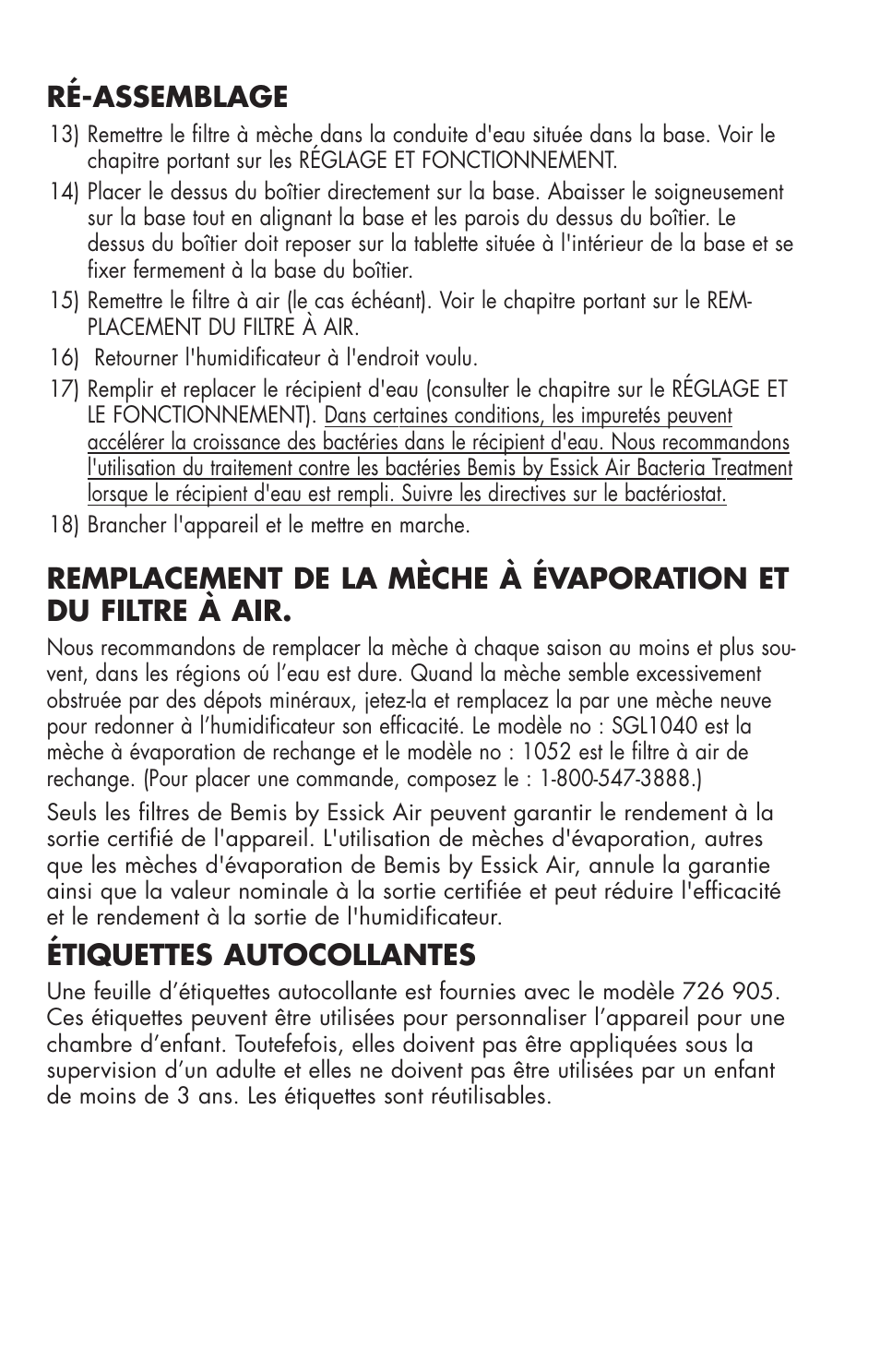 Ré-assemblage, Étiquettes autocollantes | Essick Air 726 000 2-speed User Manual | Page 37 / 44